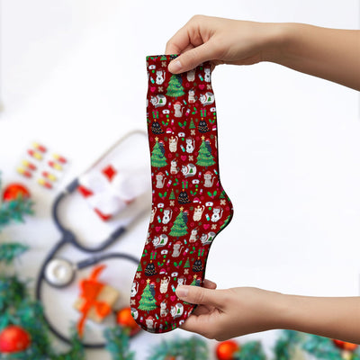 Christmas Cat Scrub Socks, Xmas Pet Pattern Scrub Sock, Breathable Fabrics Nursing Uniform