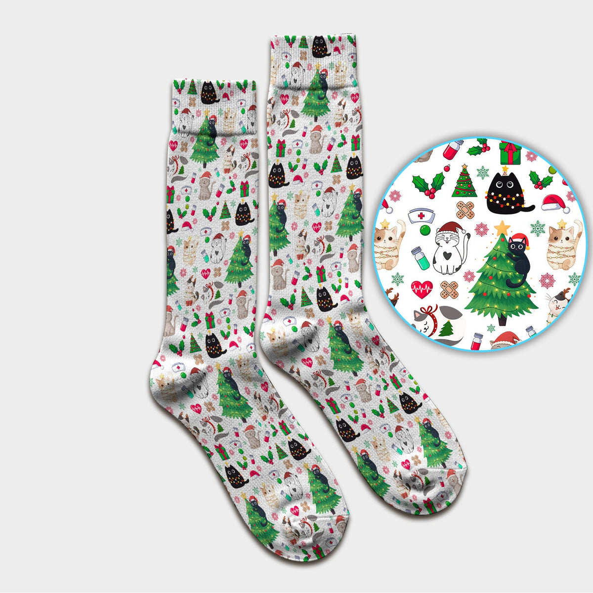 Christmas Cat Scrub Socks, Xmas Pet Pattern Scrub Sock, Breathable Fabrics Nursing Uniform