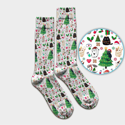 Christmas Cat Scrub Socks, Xmas Pet Pattern Scrub Sock, Breathable Fabrics Nursing Uniform