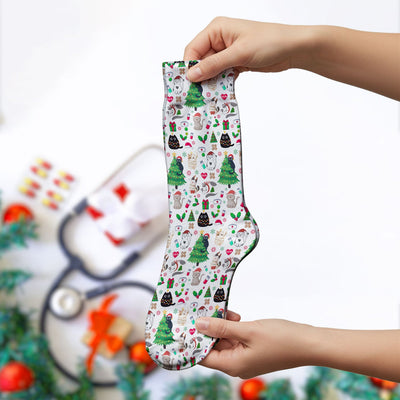 Christmas Cat Scrub Socks, Xmas Pet Pattern Scrub Sock, Breathable Fabrics Nursing Uniform