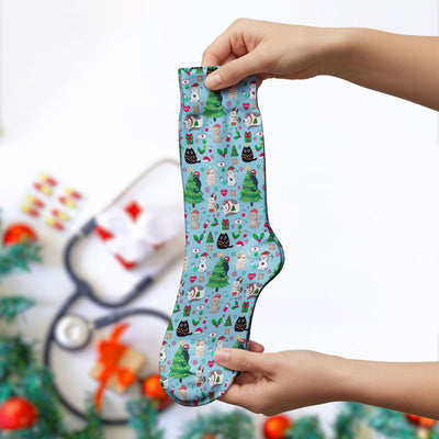 Christmas Cat Scrub Socks, Xmas Pet Pattern Scrub Sock, Breathable Fabrics Nursing Uniform