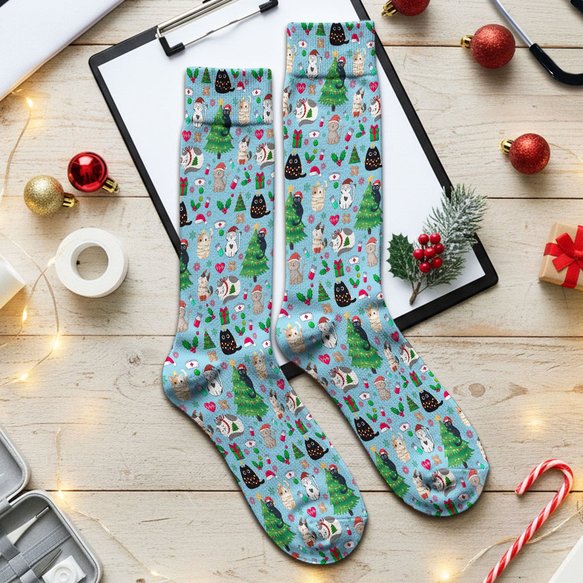 Christmas Cat Scrub Socks, Xmas Pet Pattern Scrub Sock, Breathable Fabrics Nursing Uniform
