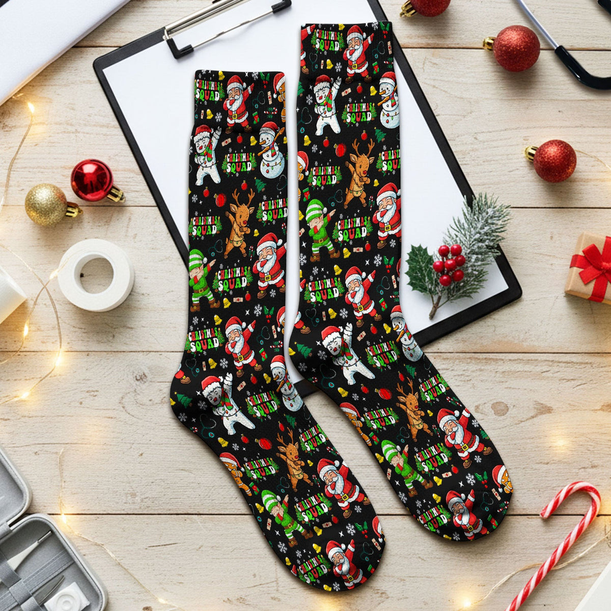 Christmas Squad Socks for Nurse Doctor - Dancing Santa, Reindeer & Elf Adult Socks for Men and Women - Gift for CNA LPN RN