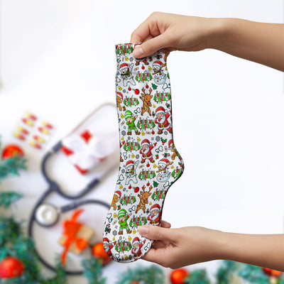 Christmas Squad Socks for Nurse Doctor - Dancing Santa, Reindeer & Elf Adult Socks for Men and Women - Gift for CNA LPN RN