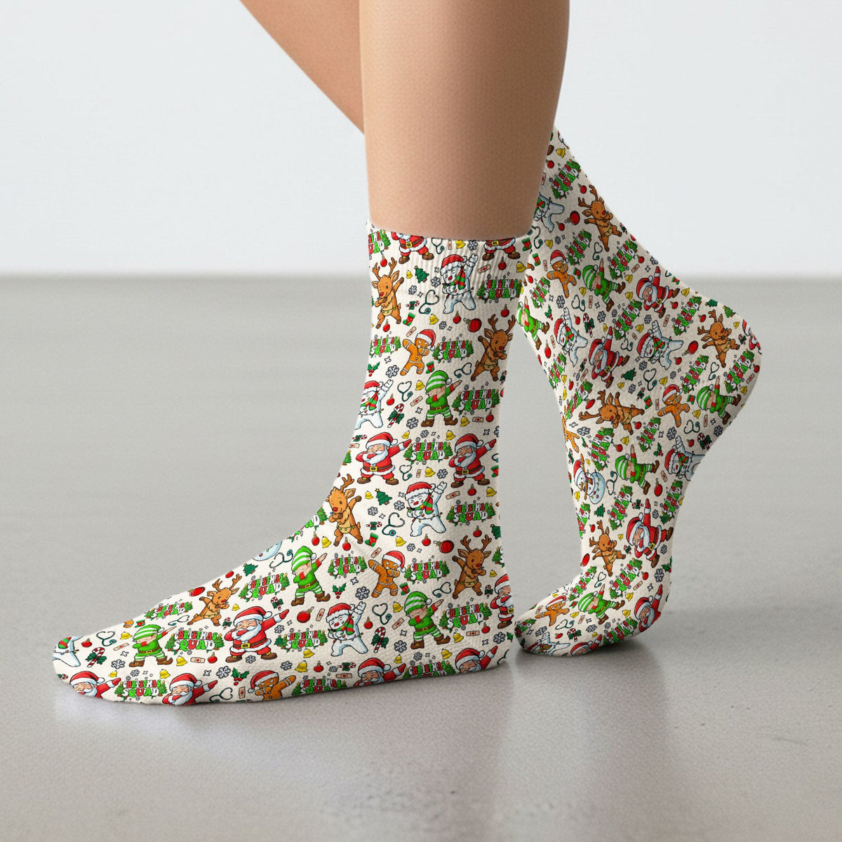 Christmas Squad Socks for Nurse Doctor - Dancing Santa, Reindeer & Elf Adult Socks for Men and Women - Gift for CNA LPN RN