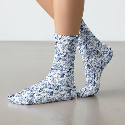Toile de Jouy Dog Scrub Socks – Elegant Blue Dachshund Pattern – Cute Medical Uniform for Nurses, Vets, and Animal Care Workers