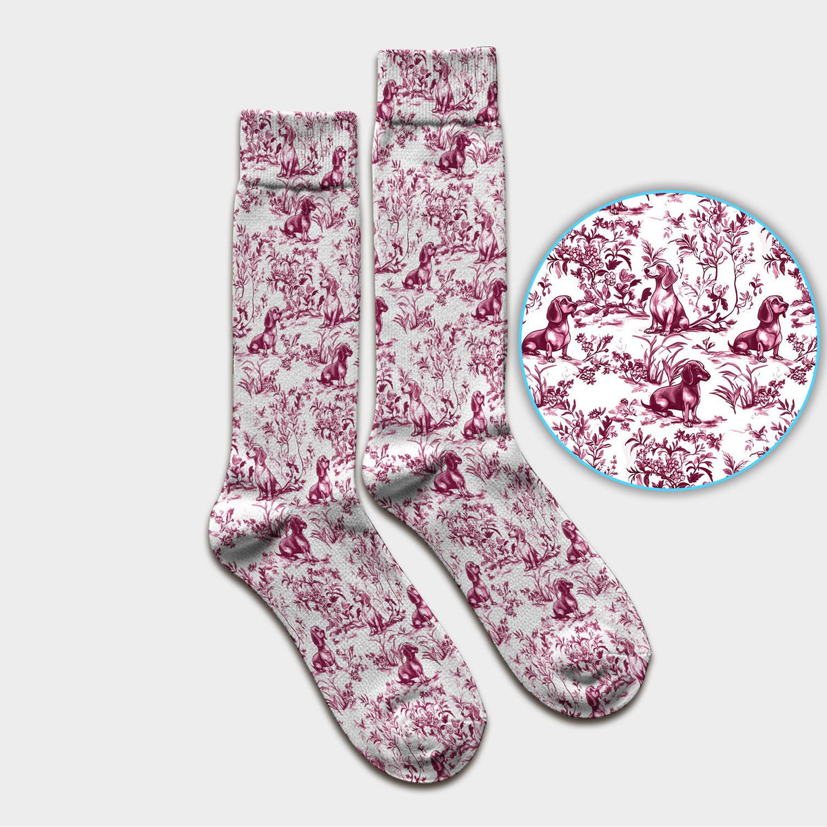 Toile de Jouy Dog Scrub Socks – Elegant Blue Dachshund Pattern – Cute Medical Uniform for Nurses, Vets, and Animal Care Workers