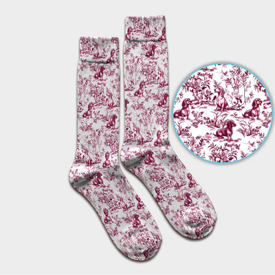 Toile de Jouy Dog Scrub Socks – Elegant Blue Dachshund Pattern – Cute Medical Uniform for Nurses, Vets, and Animal Care Workers