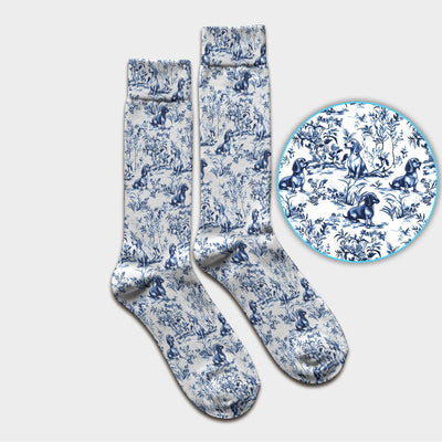 Toile de Jouy Dog Scrub Socks – Elegant Blue Dachshund Pattern – Cute Medical Uniform for Nurses, Vets, and Animal Care Workers