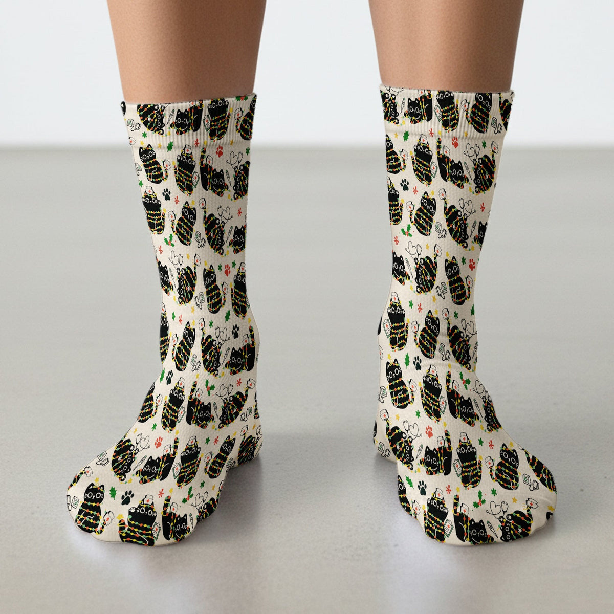 Black Cat Christmas Scrub Socks – Nurse & Holiday Lights Pattern Sock – Cute Medical Uniform For Nursing