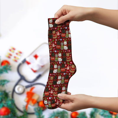 Christmas Cat Nurse Socks, Funny Holiday Medical Socks, Cute RN Gift For Nurses, Cat Lover Xmas Socks
