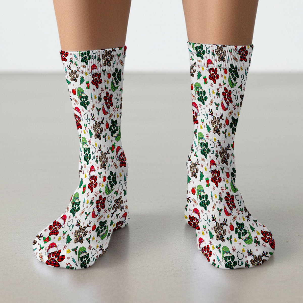 Dog Paw Print Christmas Socks for Nurse Doctor - Cute Leopard Pattern Adult Socks for Men and Women - Breathable Medical Uniform