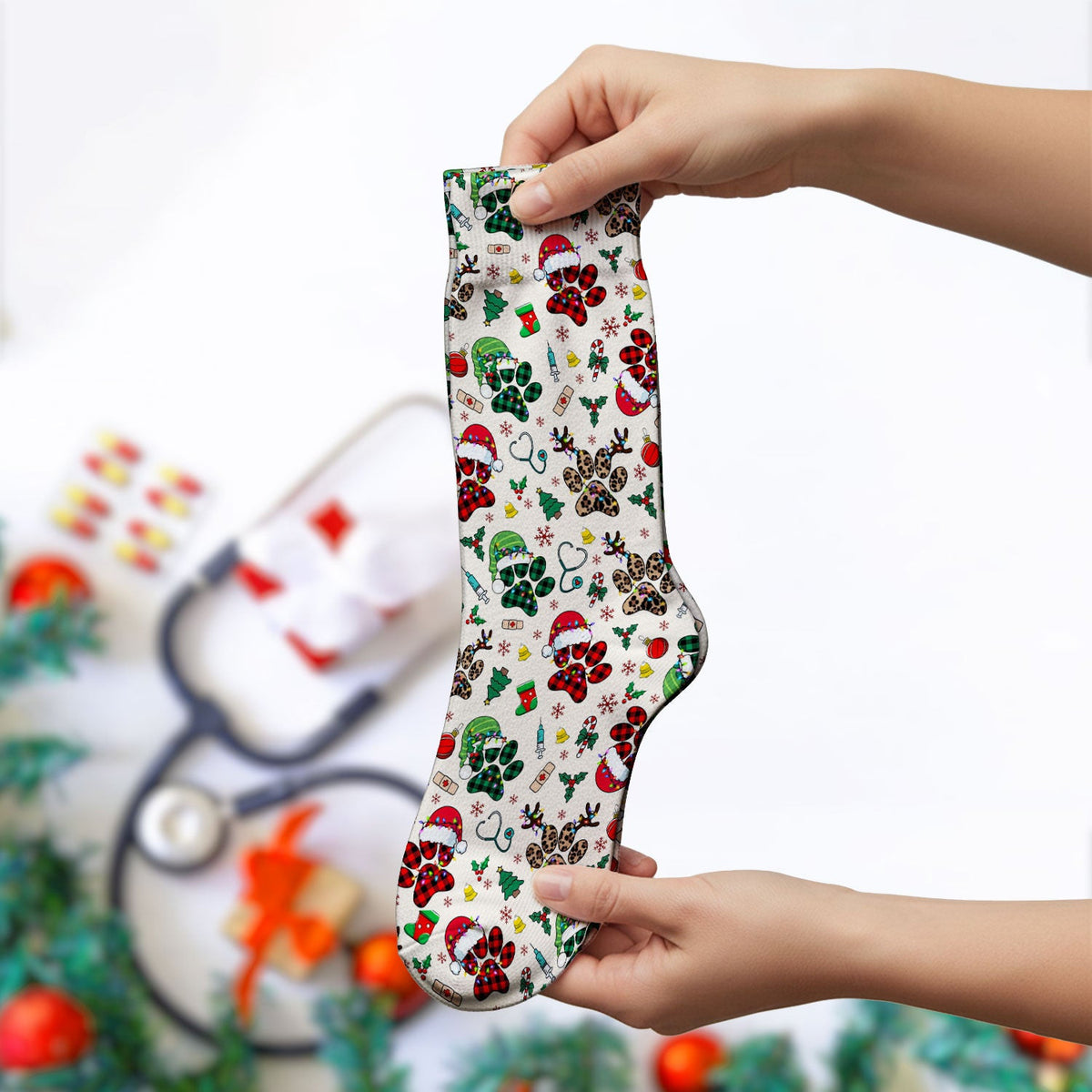 Dog Paw Print Christmas Socks for Nurse Doctor - Cute Leopard Pattern Adult Socks for Men and Women - Breathable Medical Uniform