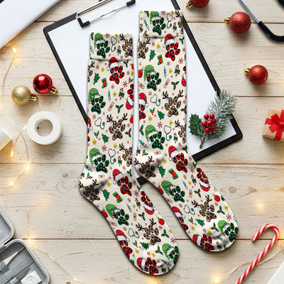 Dog Paw Print Christmas Socks for Nurse Doctor - Cute Leopard Pattern Adult Socks for Men and Women - Breathable Medical Uniform