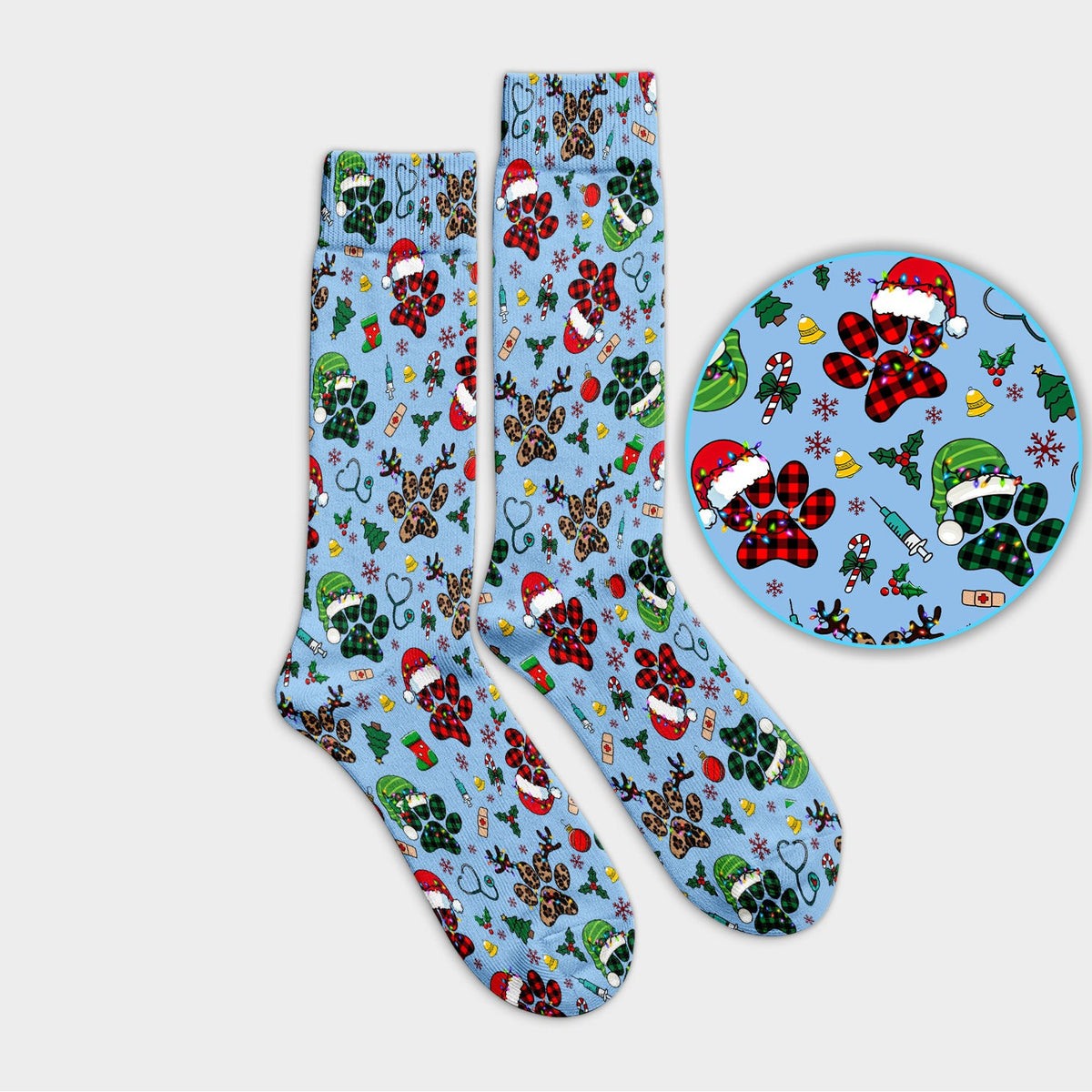 Dog Paw Print Christmas Socks for Nurse Doctor - Cute Leopard Pattern Adult Socks for Men and Women - Breathable Medical Uniform