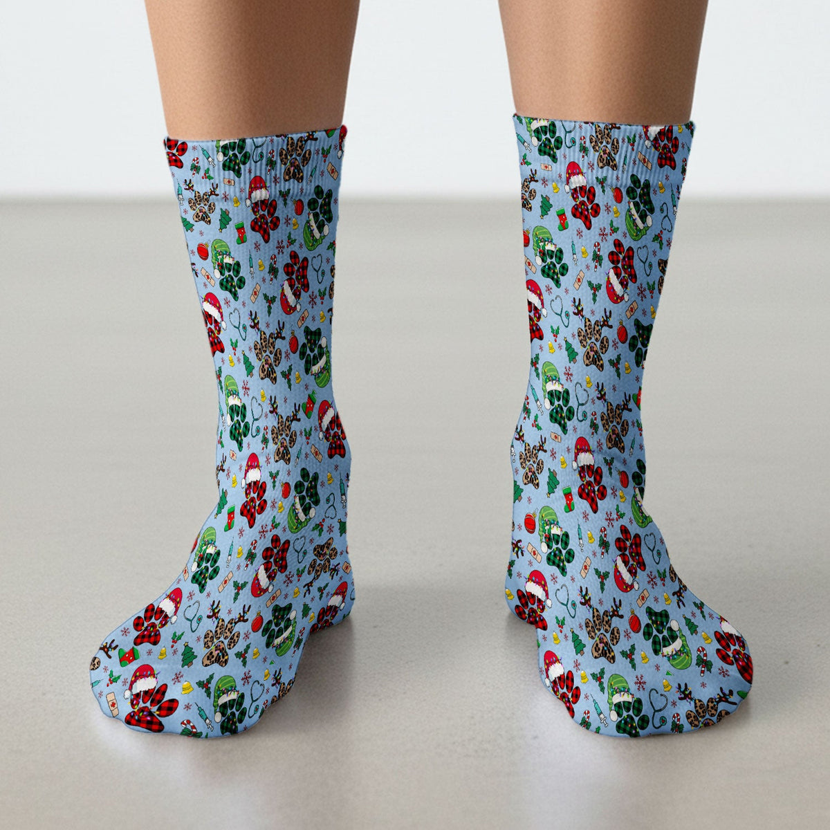 Dog Paw Print Christmas Socks for Nurse Doctor - Cute Leopard Pattern Adult Socks for Men and Women - Breathable Medical Uniform
