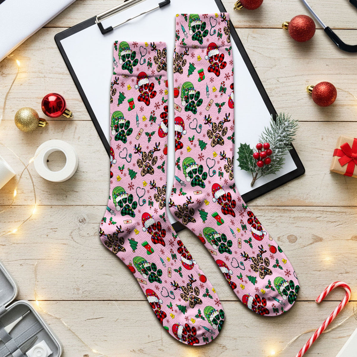 Dog Paw Print Christmas Socks for Nurse Doctor - Cute Leopard Pattern Adult Socks for Men and Women - Breathable Medical Uniform