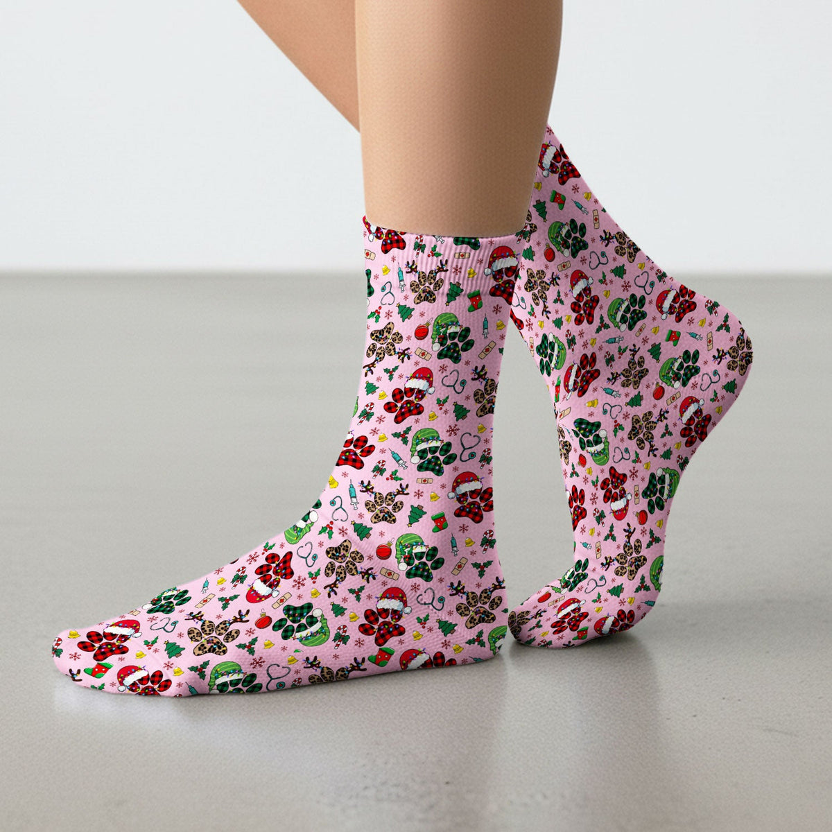 Dog Paw Print Christmas Socks for Nurse Doctor - Cute Leopard Pattern Adult Socks for Men and Women - Breathable Medical Uniform