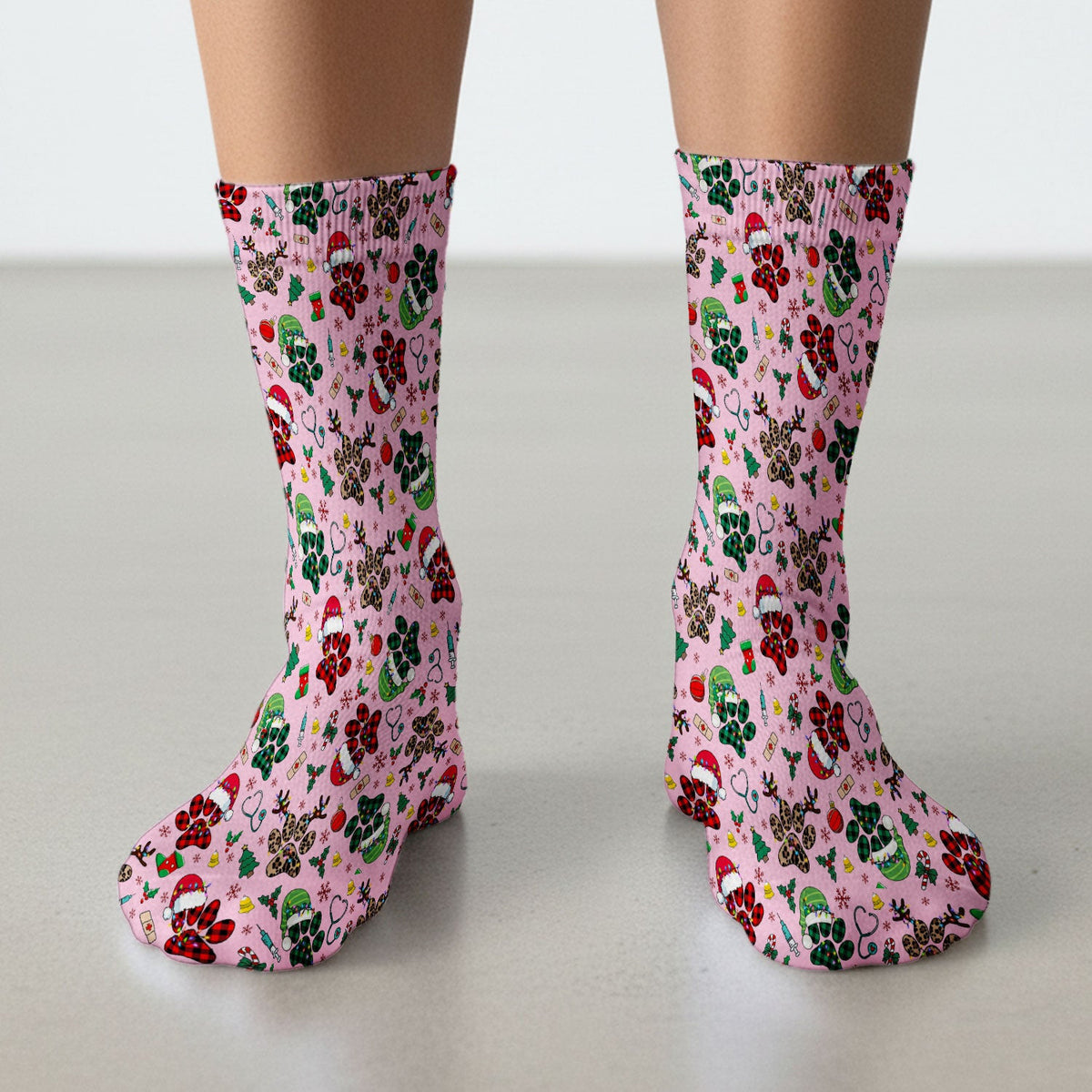 Dog Paw Print Christmas Socks for Nurse Doctor - Cute Leopard Pattern Adult Socks for Men and Women - Breathable Medical Uniform