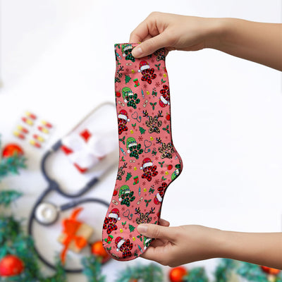 Dog Paw Print Christmas Socks for Nurse Doctor - Cute Leopard Pattern Adult Socks for Men and Women - Breathable Medical Uniform