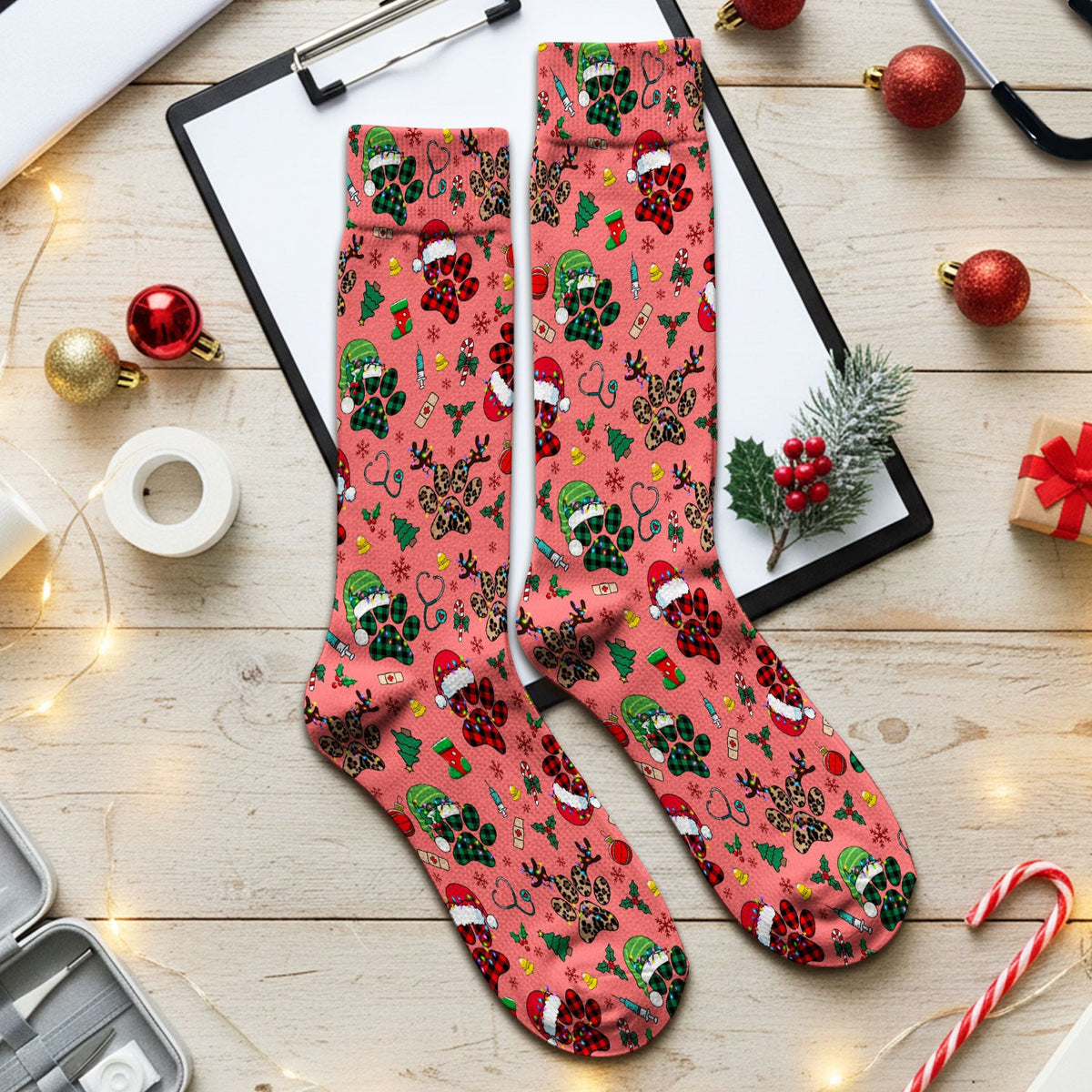 Dog Paw Print Christmas Socks for Nurse Doctor - Cute Leopard Pattern Adult Socks for Men and Women - Breathable Medical Uniform