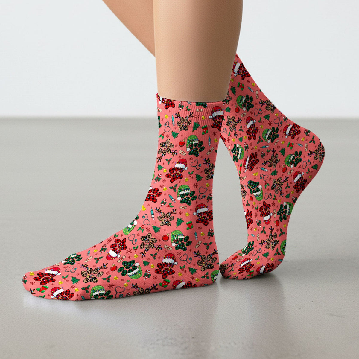 Dog Paw Print Christmas Socks for Nurse Doctor - Cute Leopard Pattern Adult Socks for Men and Women - Breathable Medical Uniform