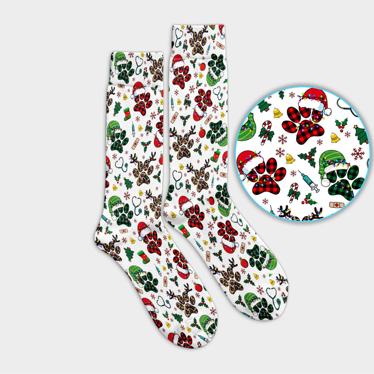 Dog Paw Print Christmas Socks for Nurse Doctor - Cute Leopard Pattern Adult Socks for Men and Women - Breathable Medical Uniform