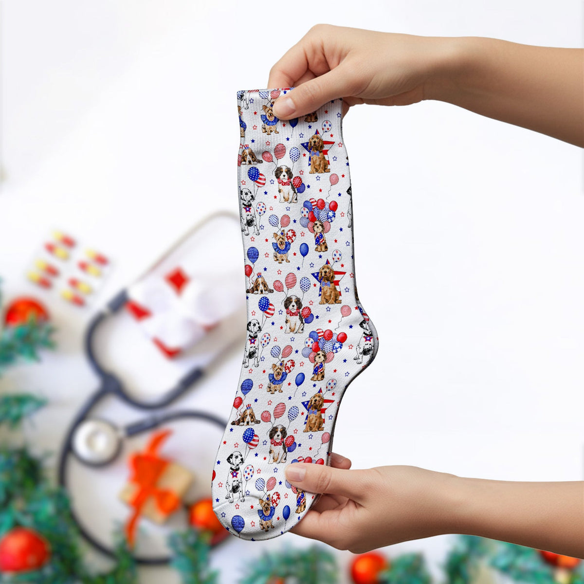 Patriotic Dogs With USA Flag Balloons Pattern Socks, Breathable Fabrics Medical Uniform