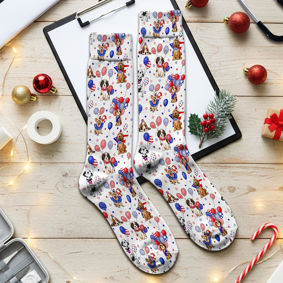Patriotic Dogs With USA Flag Balloons Pattern Socks, Breathable Fabrics Medical Uniform