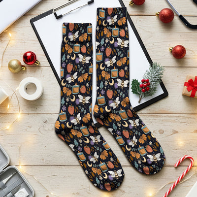 Bee Strawberry Floral Candle Pattern Socks, Adult Socks for Men and Women