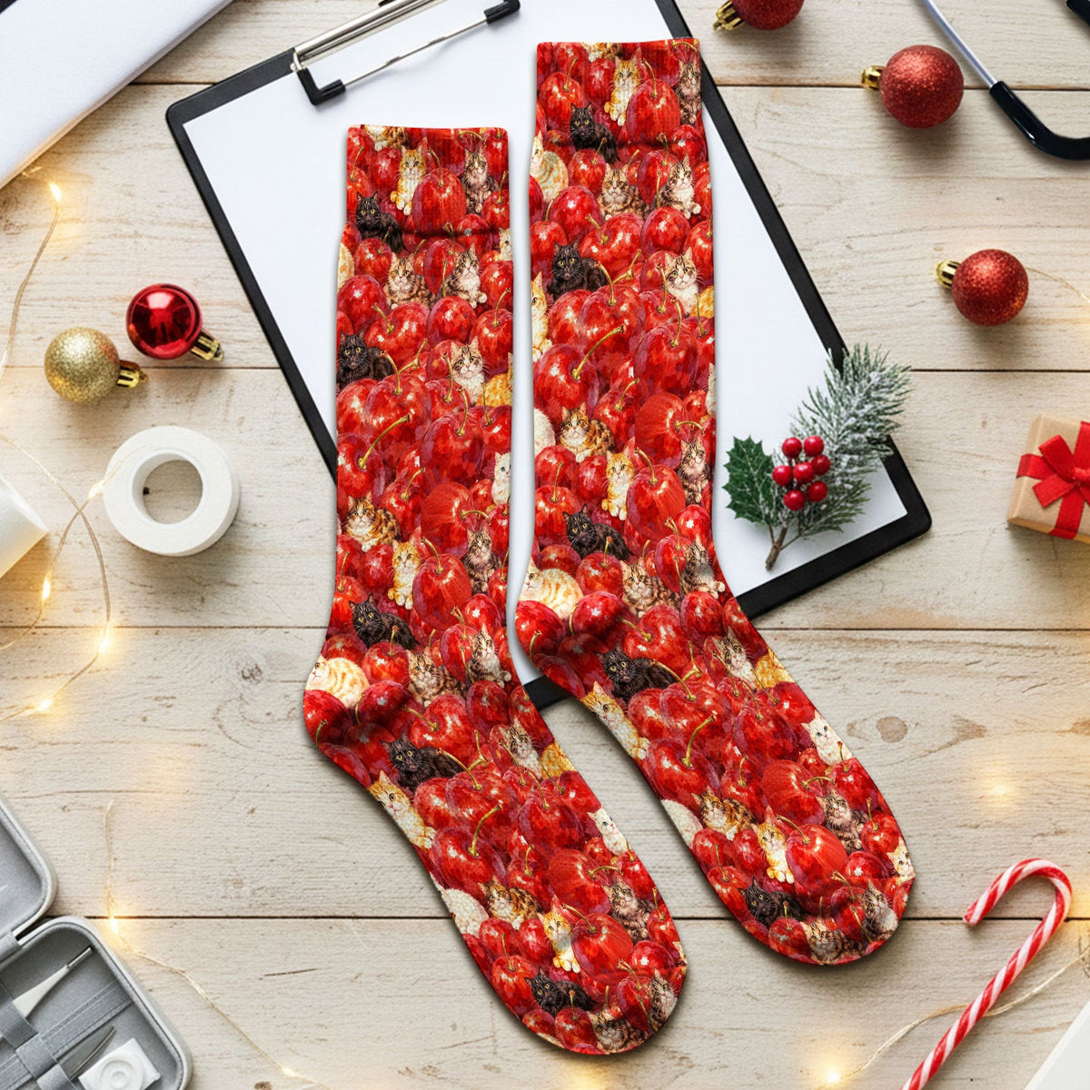 Cute Cat Cherry Pattern Socks, Adult Socks for Men and Women
