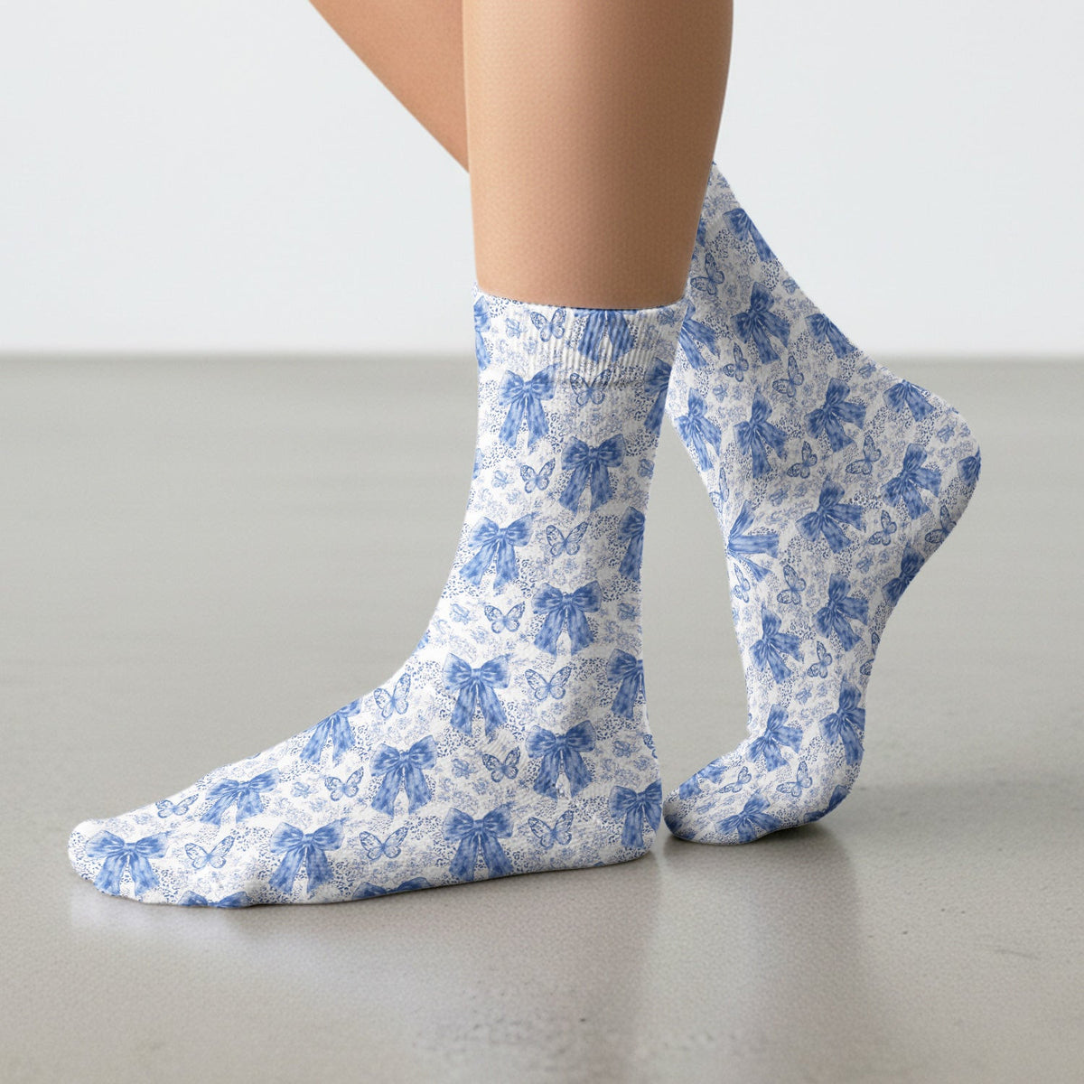 Blue Bow And Butterfly Vintage Floral Socks, Adult Socks for Men and Women