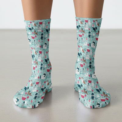 Dogs With Veterinary Tools And Paw Print Socks, Breathable Fabrics Medical Uniform