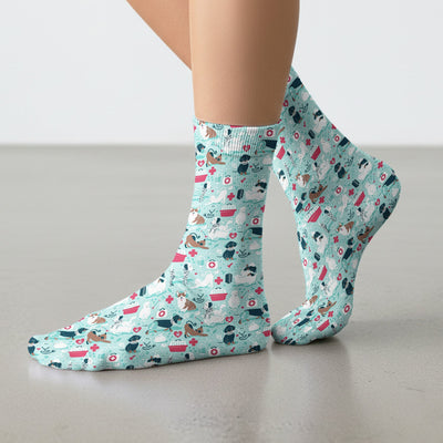 Dogs With Veterinary Tools And Paw Print Socks, Breathable Fabrics Medical Uniform