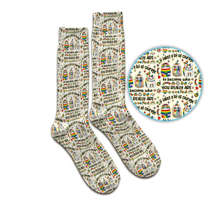 Inspirational Nurse Rainbow Cat Courage Quote Pattern Socks, Breathable Fabrics Medical Uniform