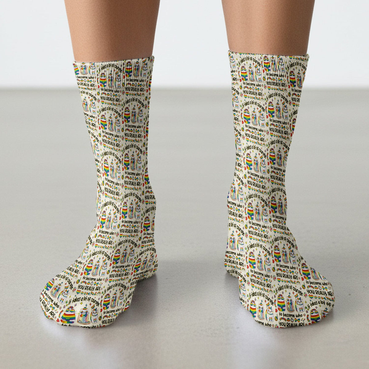 Inspirational Nurse Rainbow Cat Courage Quote Pattern Socks, Breathable Fabrics Medical Uniform