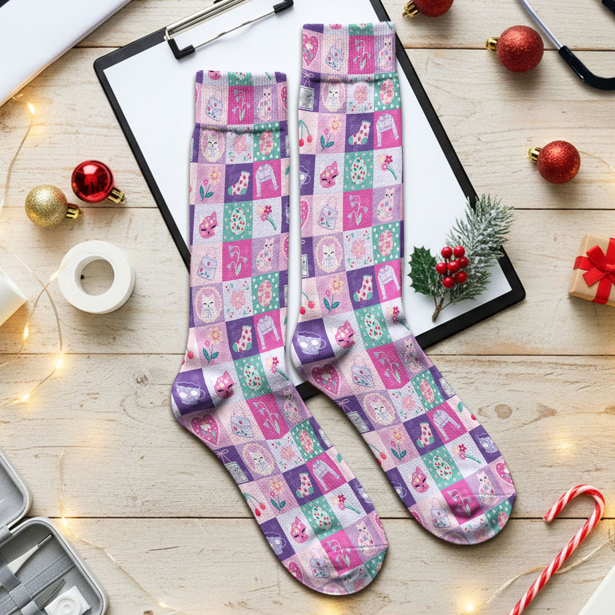 Pastel Cat Patchwork Pattern Socks, Adult Socks for Men and Women