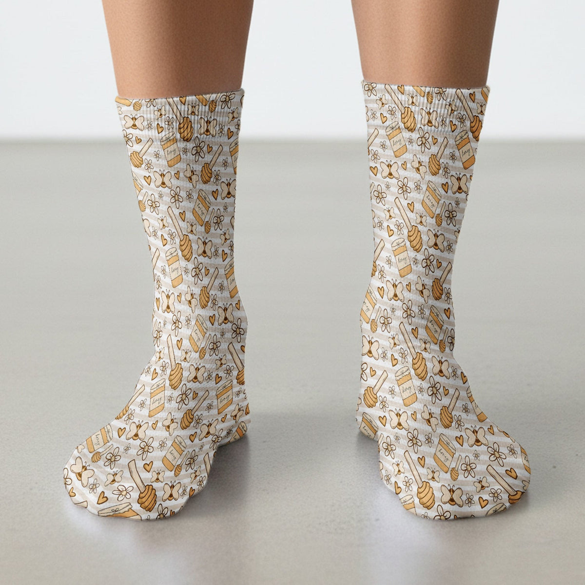 Honey Jar With Daisy Flower Pattern Socks, Adult Socks for Men and Women