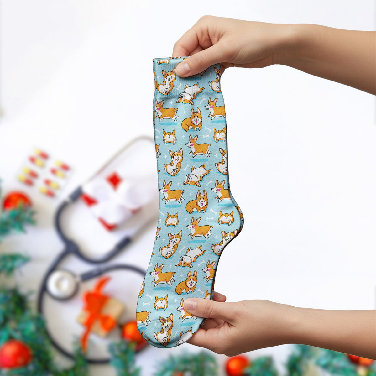 Corgi Dog Playing Rolling Bone Pattern Socks, Adult Socks for Men and Women