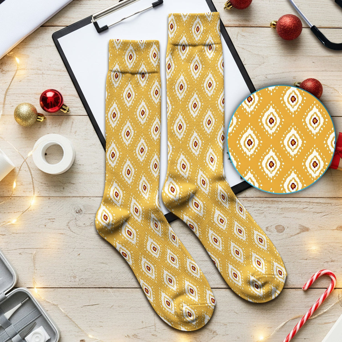 Cute Mustard Geometric Ikat Nurse Pattern Socks, Socks for Nurse Doctor