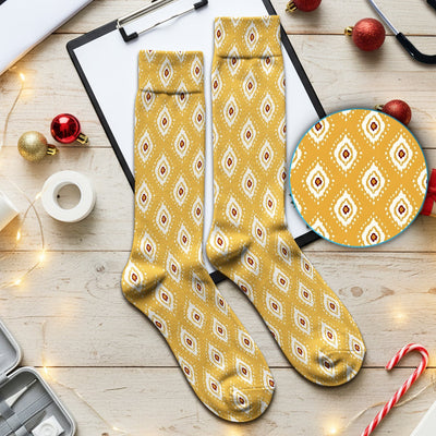Cute Mustard Geometric Ikat Nurse Pattern Socks, Socks for Nurse Doctor