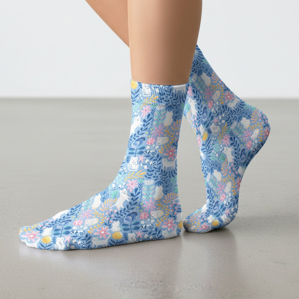 Whimsical Cat Floral Pattern Socks, Socks for Nurse Doctor