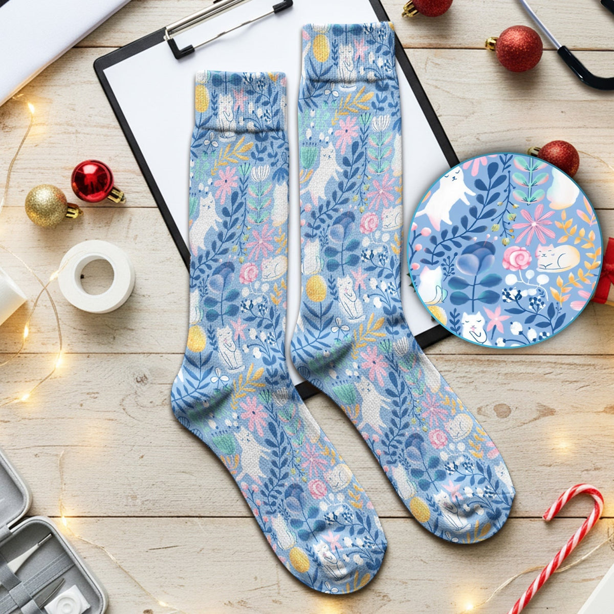 Whimsical Cat Floral Pattern Socks, Socks for Nurse Doctor