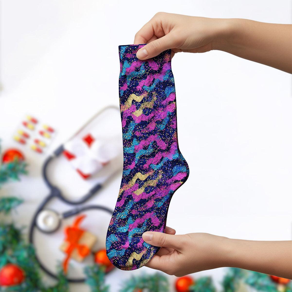 Neon Glitter Galaxy Wavy Pattern Socks, Socks for Nurse Doctor