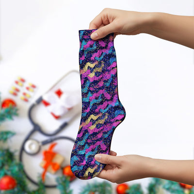 Neon Glitter Galaxy Wavy Pattern Socks, Socks for Nurse Doctor