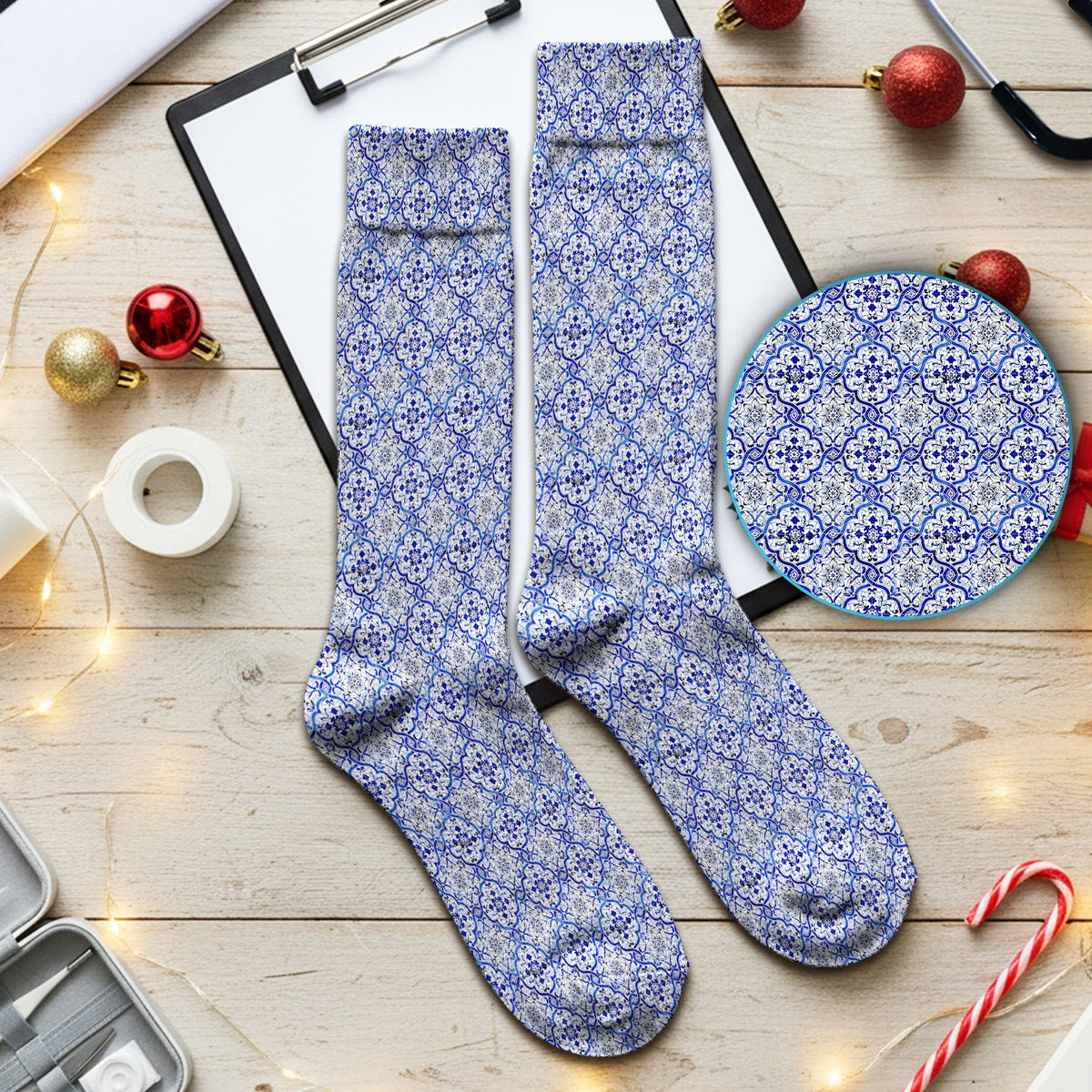 Blue Vintage Tile Floral Pattern Socks, Socks for Nurse Doctor