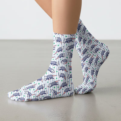 Cute Opossum Blue Stripe Pattern Socks, Socks for Nurse Doctor
