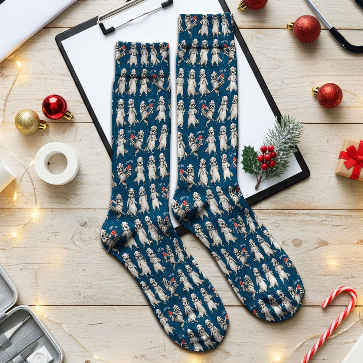 Funny Raccoon Nurse Pattern Socks, Socks for Nurse Doctor