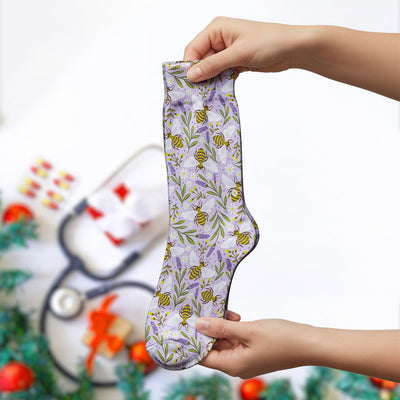 Cute Lavender Bee Floral Pattern Nurse Socks, Socks for Nurse Doctor