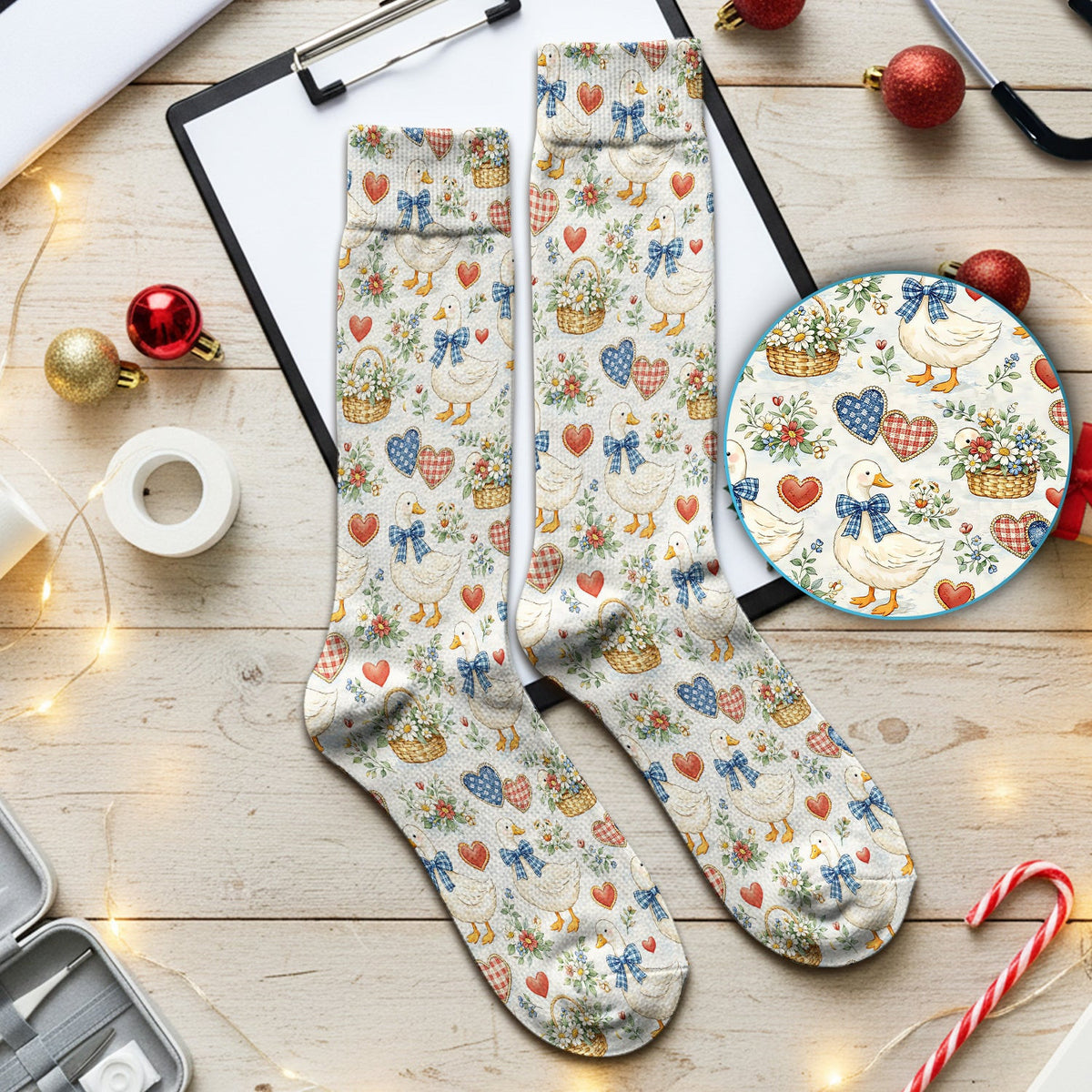 Cute Duck Heart Floral Nurse Pattern Nurse Socks, Socks for Nurse Doctor
